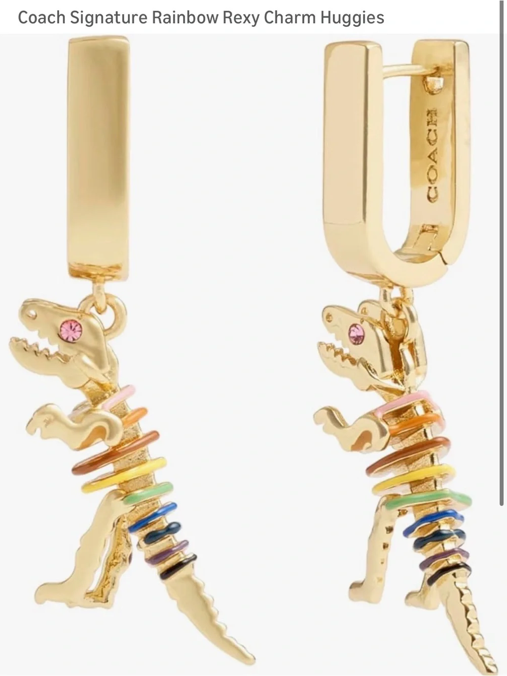 NWT Matching Coach Gold Rainbow Dinosaur Dangle Huggie Earrings and Necklace - Picture 2 of 14